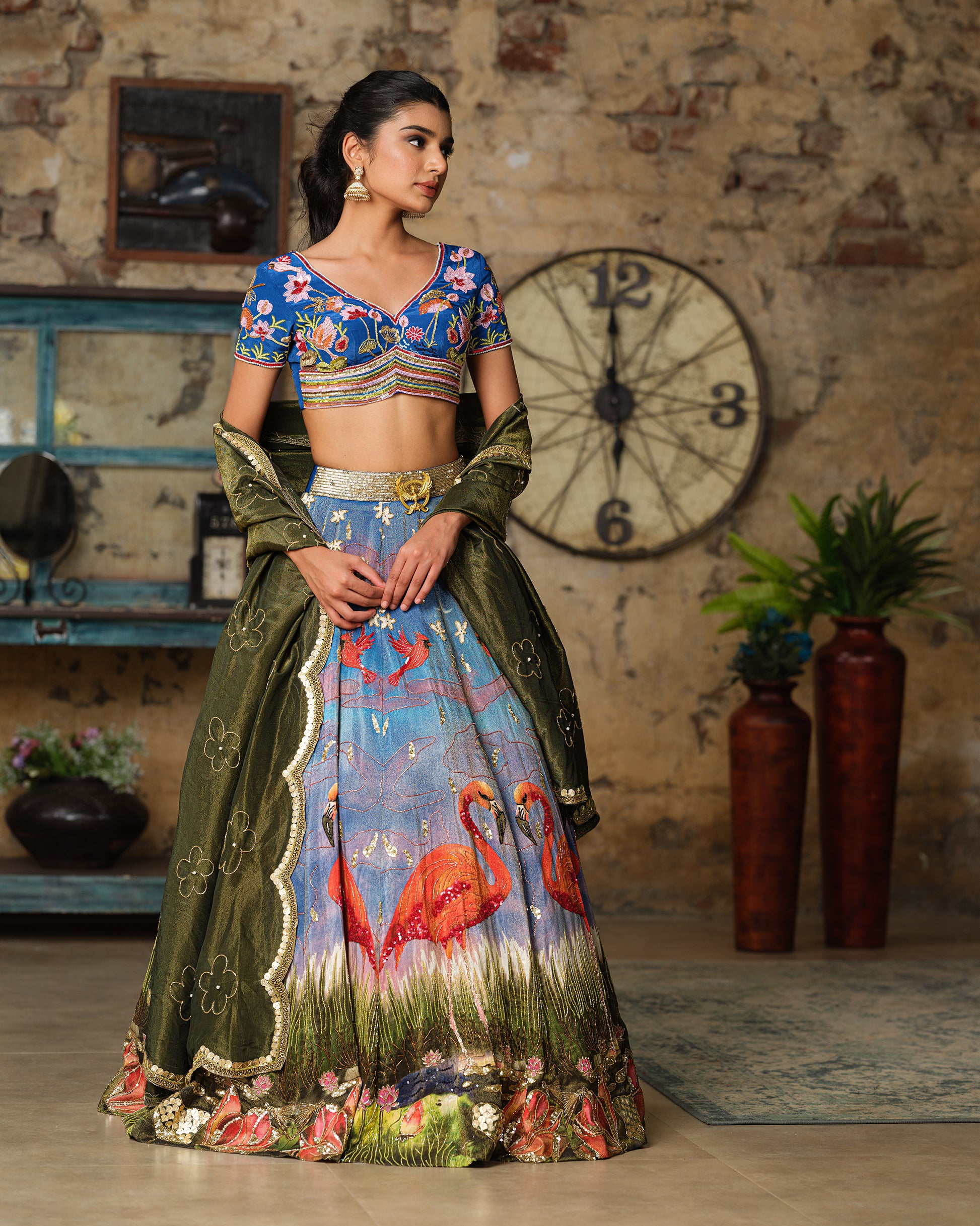 Blue Abstract Luminous Flamingo Lehenga Set