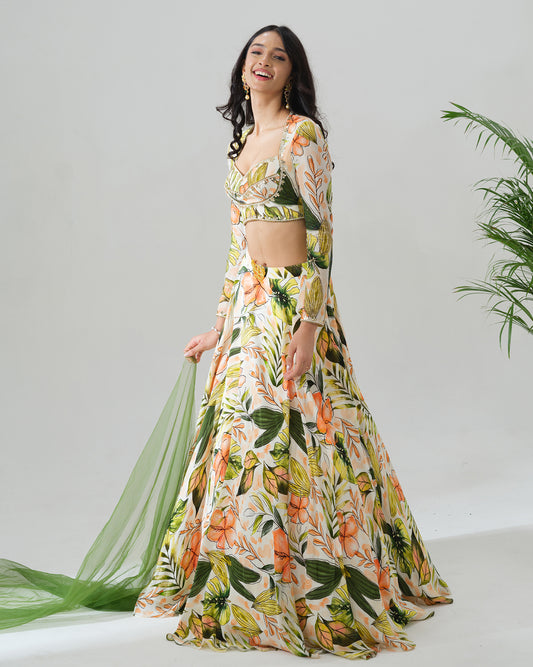 Tropical Sheer Green Lehenga Set