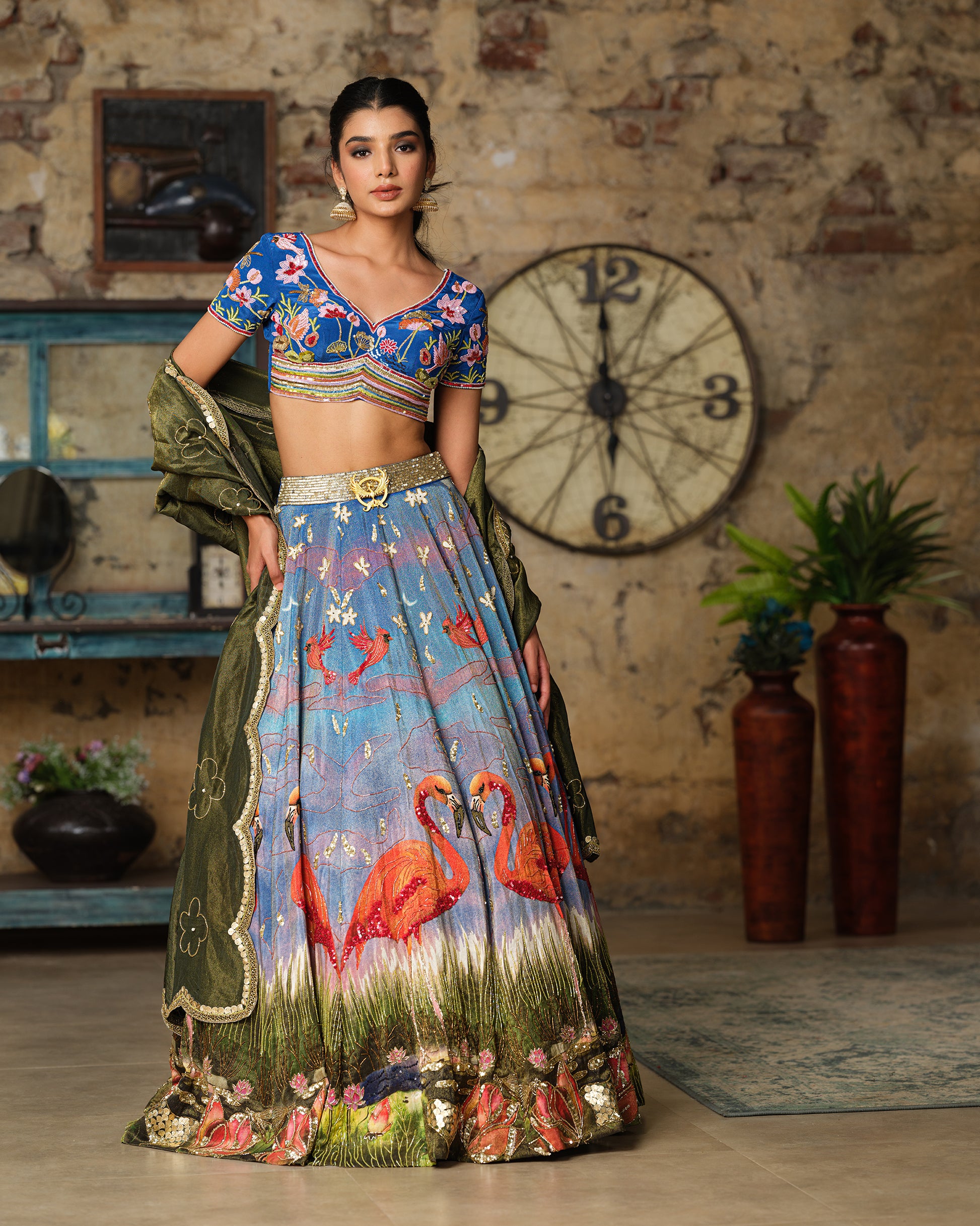 Blue Abstract Luminous Flamingo Lehenga Set