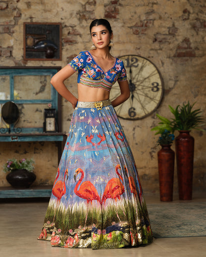 Blue Abstract Luminous Flamingo Lehenga Set